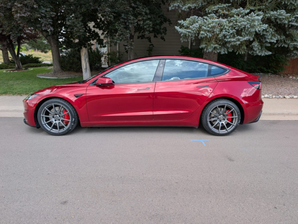Staggered 19 inch Forgestar CF10 Gloss Anthracite on a 2024 Tesla Model 3