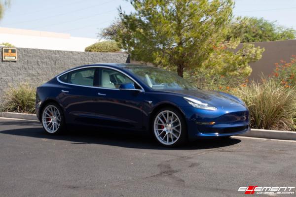 Staggered 20 Inch Avant Garde Vanquish in Silver Machined on a 2019 Tesla Model 3 Dual Motor