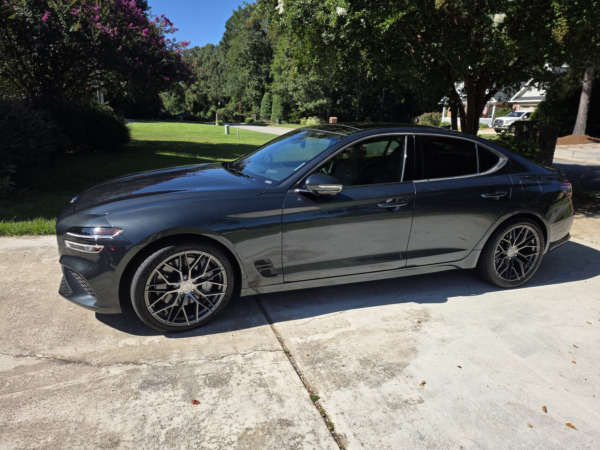 Staggered 19 inch Avant Garde M520R in Dark Graphite Metallic on a 2023 Genesis G70