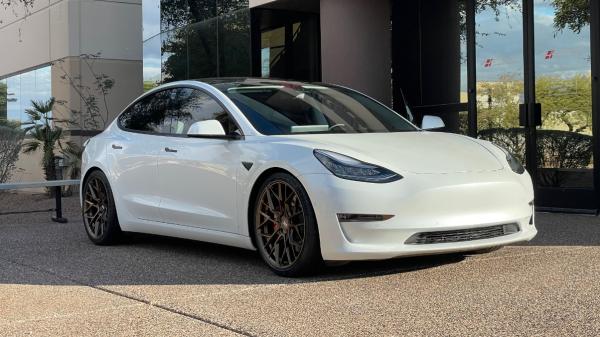20 inch Staggered Variant Radon in Satin Bronze on a 2020 Tesla Model 3 Performance